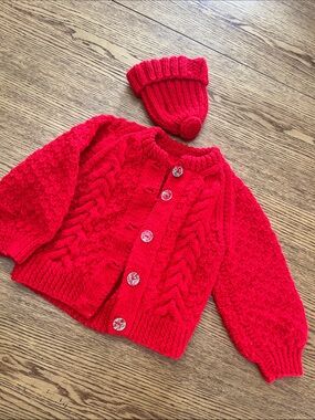 Vintage Red Knit Baby Cardigan with Matching Beanie - Kids Jackets & Coats